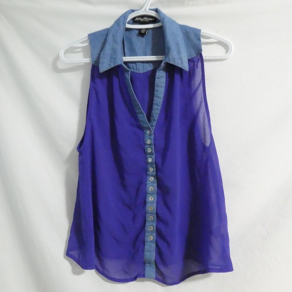STREETWEAR SOCIETY, small sheer sleeveless top with denim trim, open back BNWOT